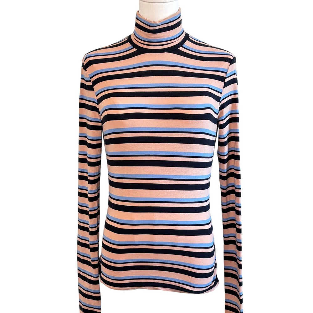 Proenza Schouler Turtleneck Striped Tan Blue Women XS-S Long Sleeve Top Designer